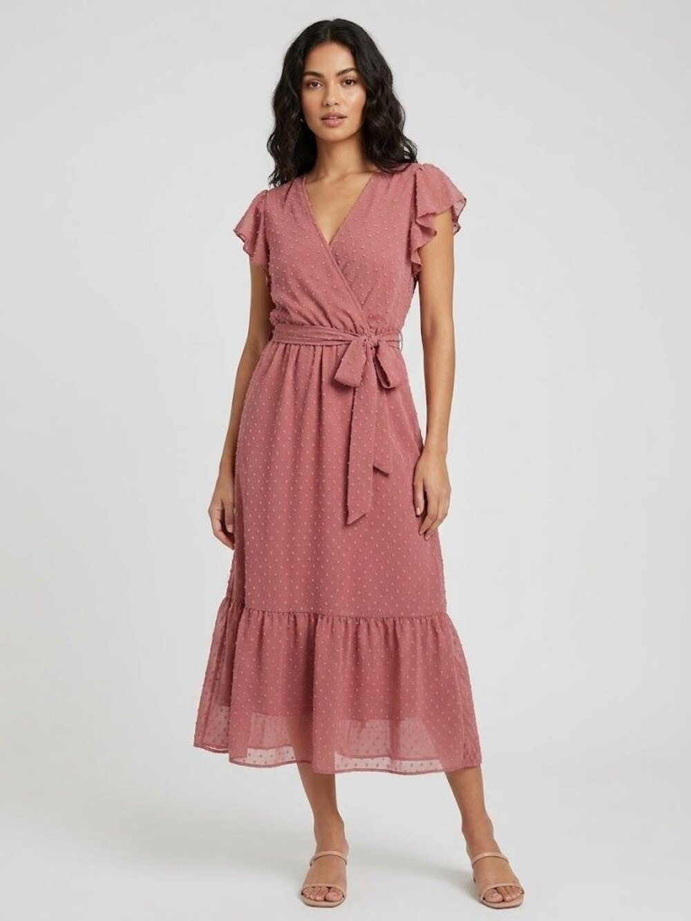 BTFBM Womens Midi Dress M Dusty Rose Swiss Dot Ruffle Wrap V Neck Belted